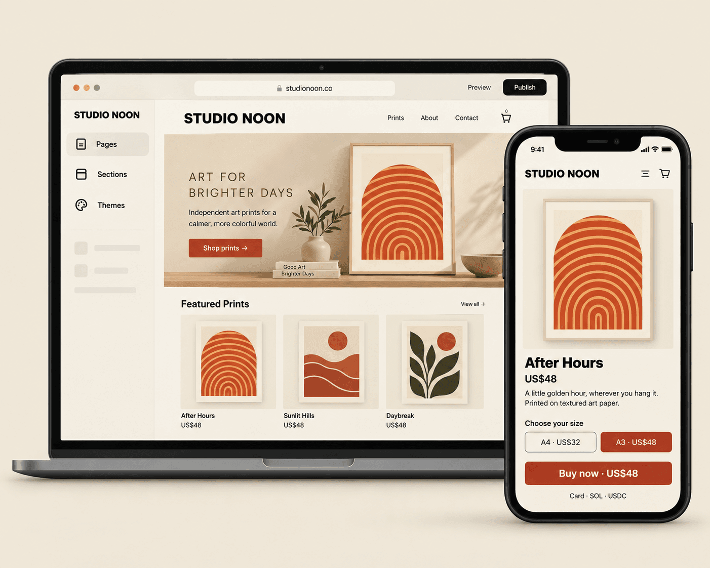 Concept illustration of a Stashed storefront editor alongside a mobile shopping link for the same art print.