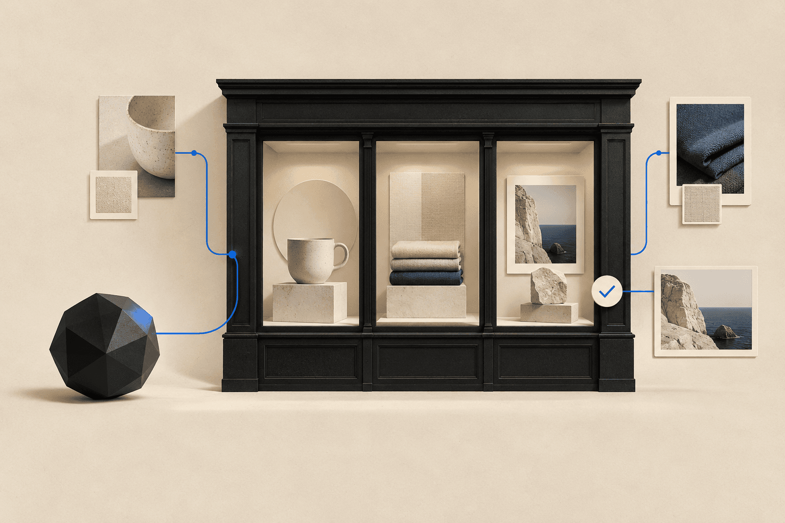 A storefront connected to an abstract AI assistant, with page and product panels ready to arrange.