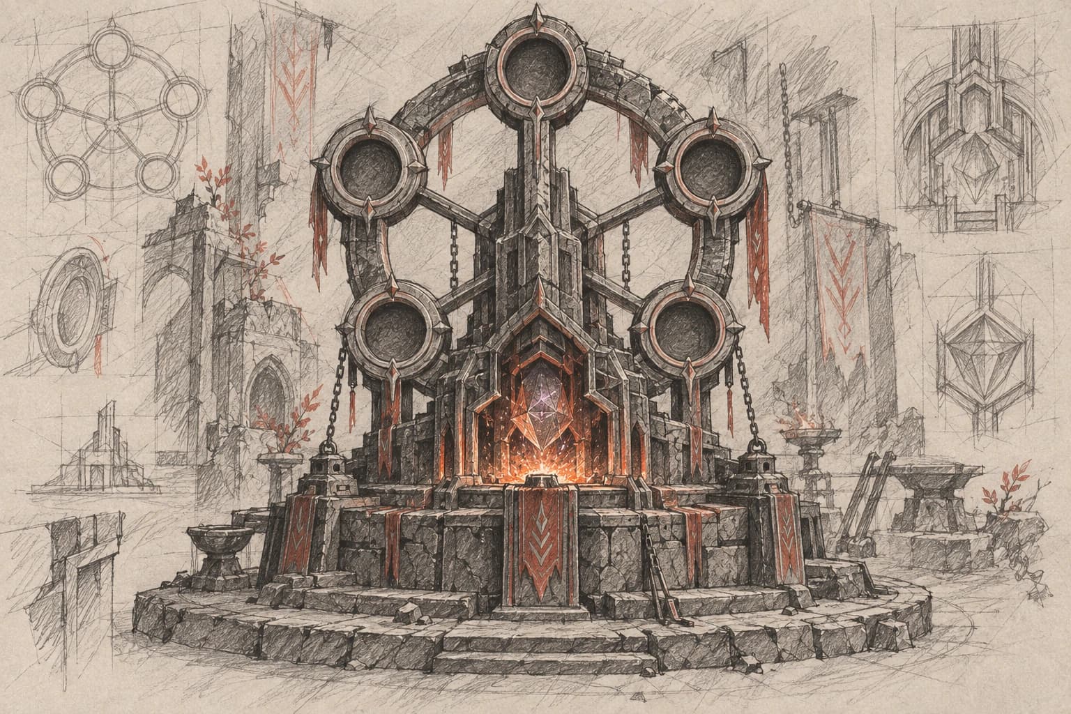 Pencil concept of an arcane forge with five relic sockets around a concealed core