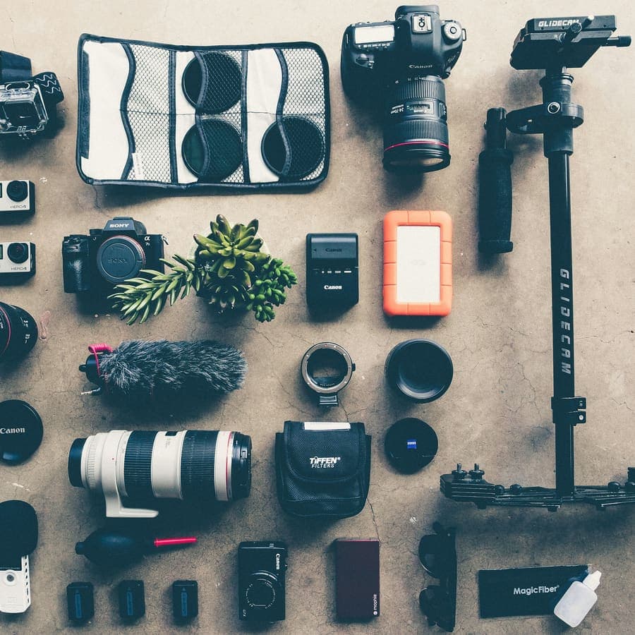 A camera kit laid out
