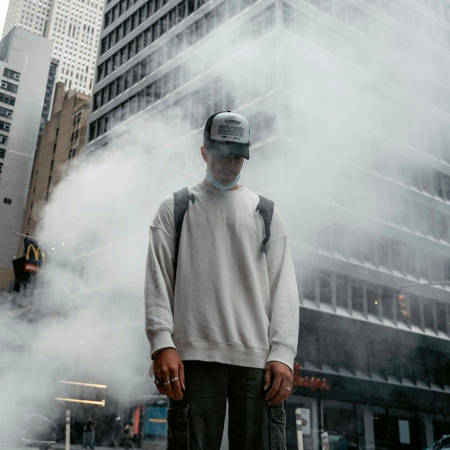 Alone in the street with the steam