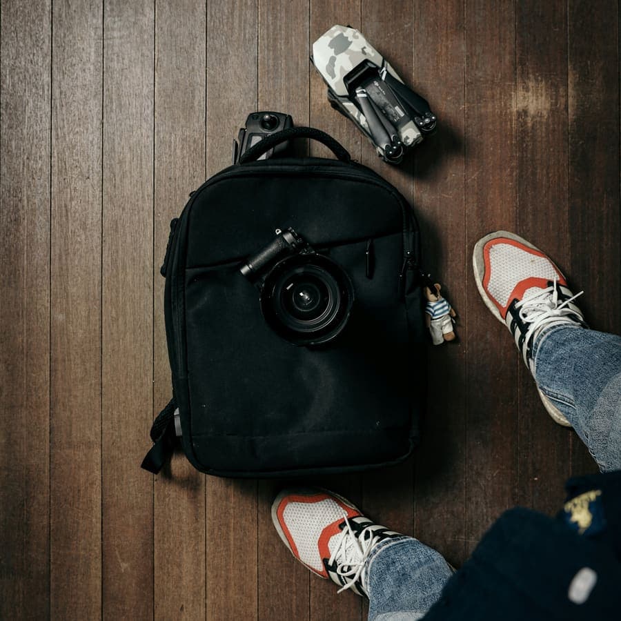 A camera resting on a bag